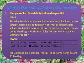 MENYELESAIKAN MASALAH KPK DAN FPB
1. Menyelesaikan Masalah Berkaitan dengan KPK
Misal :
Rina dan Noni sama – sama ikut les matematika. Rina masuk
setiap 4 hari sekali, sedangkan Noni masuk setiap 6 hari
sekali. Jika hari ini mereka masuk masuk les bersama – sama,
berapa hari lagi mereka masuk les bersama – sama dalam
waktu terdekat ?
Jawab :
Jadi, mereka akan kembali masuk les bersama-sama dalam
12 hari lagi.
Rina 4 hari lagi 8 hari lagi 12 hari lagi 16 hari lagi . . . . . .
Noni 6 hari lagi 12 hari lagi 18 hari lagi 24 hari lagi . . . . . .
 