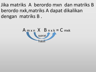 Jika matriks A berordo mxn dan matriks B
berordo nxk,matriks A dapat dikalikan
dengan matriks B .
A m x n X B n x k = C mxk
hasil
syarat
 