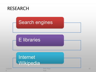 RESEARCH
Search engines
E libraries
Internet
Wikipedia
1/22/201
6
45
Prof. Priya
Kale
 