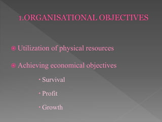  Utilization of physical resources
 Achieving economical objectives
 Survival
 Profit
 Growth
 