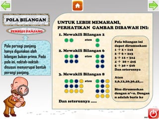 POLA BILANGAN
                             UNTUK LEBIH MEMAHAMI,
                             PERHATIKAN GAMBAR DIBAWAH INI:
   PERSEGI PANJANG
                             1. Mewakili Bilangan 2
                                          atau
                                                      Pola bilangan ini
Pola persegi panjang                                  dapat dirumuskan:
                             2. Mewakili Bilangan 6   1  2 = 1x2
hanya digunakan oleh                                  2  6 = 2x3
bilangan bukan prima. Pada                atau        3  12 = 3x4
pola ini, noktah-noktah                               4  20 = 4x5
                                                      5  30 = 5x6
disusun menyerupai bentuk                             Dan seterusnya
persegi panjang.             3. Mewakili Bilangan 8
                                                      Atau
                                          atau        2,6,12,20,30,42,...

                                                      Bisa dirumuskan
                                                      dengan n2+n. Dengan
                                                      n adalah baris ke
                             Dan seterusnya .....
 