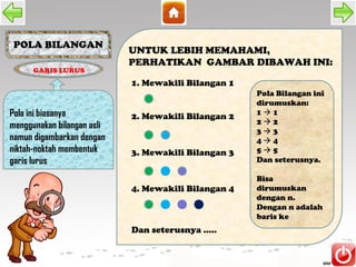 POLA BILANGAN
                            UNTUK LEBIH MEMAHAMI,
                            PERHATIKAN GAMBAR DIBAWAH INI:
      GARIS LURUS
                            1. Mewakili Bilangan 1
                                                     Pola Bilangan ini
                                                     dirumuskan:
Pola ini biasanya           2. Mewakili Bilangan 2   11
                                                     22
menggunakan bilangan asli
                                                     33
namun digambarkan dengan                             44
niktah-noktah membentuk     3. Mewakili Bilangan 3   55
garis lurus                                          Dan seterusnya.

                                                     Bisa
                            4. Mewakili Bilangan 4   dirumuskan
                                                     dengan n.
                                                     Dengan n adalah
                                                     baris ke
                            Dan seterusnya .....
 