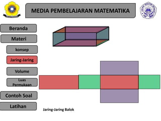 Beranda
Materi
konsep
Jaring-Jaring
Luas
Permukaan
Contoh Soal
Volume
MEDIA PEMBELAJARAN MATEMATIKA
Jaring-Jaring Balok
Latihan
 