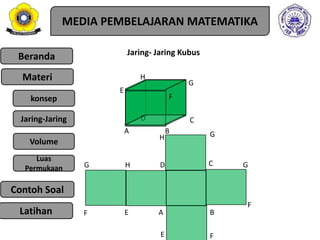 Beranda
Materi
konsep
Jaring-Jaring
Luas
Permukaan
Contoh Soal
Volume
MEDIA PEMBELAJARAN MATEMATIKA
Latihan
A B
G
CD
E
H
A B
CD
F
E
G G
GH
H
EF
F
F
Jaring- Jaring Kubus
 