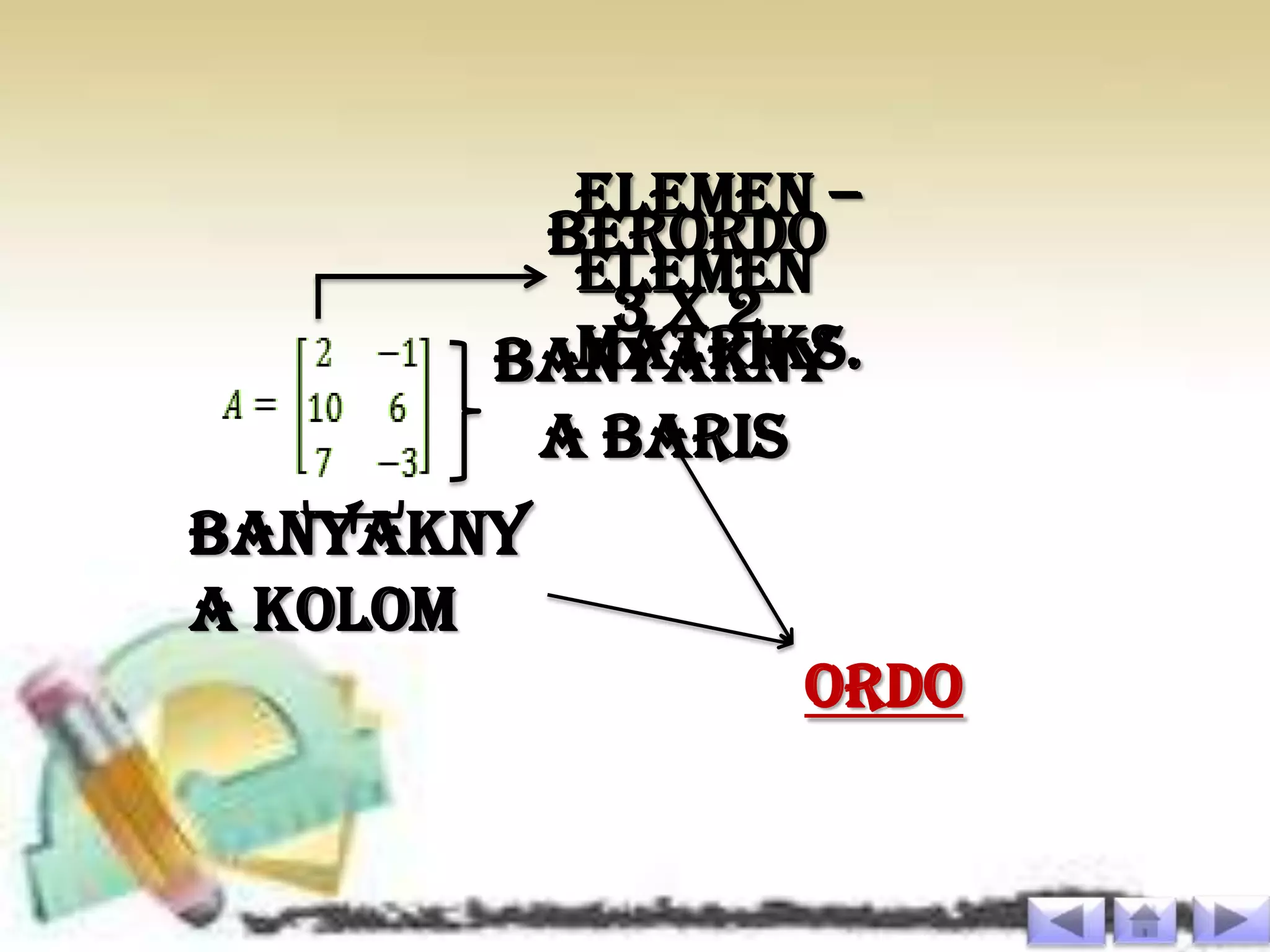 elemen –
        Berordo
         elemen
          3x2
         matriks.
       banyakny
        a baris
banyakny
a kolom.
               ORDO
 