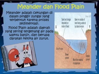 Meander dan Flood Plain
Meander adalah cekungan di
dalam pinggir sungai yang
terbentuk karena proses
sedimentasi.
Flood Plain adalah daerah
yang sering tergenang air pada
waktu banjir, dan berupa
daratan ketika air surut.
 