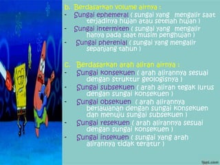 b. Berdasarkan volume airnya :
- Sungai ephemeral ( sungai yang mengalir saat
terjadinya hujan atau setelah hujan )
- Sungai intermiten ( sungai yang mengalir
hanya pada saat musim penghujan )
- Sungai pherenial ( sungai yang mengalir
sepanjang tahun )
c. Berdasarkan arah aliran airnya :
- Sungai konsekuen ( arah alirannya sesuai
dengan struktur geologisnya )
- Sungai subsekuen ( arah aliran tegak lurus
dengan sungai konsekuen )
- Sungai obsekuen ( arah alirannya
berlawanan dengan sungai konsekuen
dan menuju sungai subsekuen )
- Sungai resekuen ( arah alirannya sesuai
dengan sungai konsekuen )
- Sungai insekuen ( sungai yang arah
alirannya tidak teratur )
 