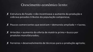 CRescimento econômico lento:
✘ Estrutura do Feudo = não incentivava o aumento da produção e
cobrava pesados tributos da população camponesa;
✘ Poucos comerciantes que existiam = demanda ampliada = + lucros;
✘ Artesãos = aumento da oferta de matéria prima + busca por
produtos manufaturados;
✘ Ferreiros = desenvolvimento de técnicas para a produção agrícola;
 