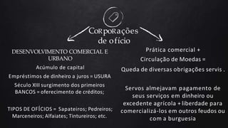 DESENVOLVIMENTO COMERCIAL E
URBANO
Acúmulo de capital
Empréstimos de dinheiro a juros = USURA
Século XIII surgimento dos primeiros
BANCOS = oferecimento de créditos;
TIPOS DE OFÍCIOS = Sapateiros; Pedreiros;
Marceneiros; Alfaiates; Tintureiros; etc.
CoRpoRações
de ofício
Prática comercial +
Circulação de Moedas =
Queda de diversas obrigações servis .
Servos almejavam pagamento de
seus serviços em dinheiro ou
excedente agrícola + liberdade para
comercializá-los em outros feudos ou
com a burguesia
 