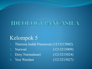 Kelompok 5 
1. Theresia Indah Purnawati (1213215002) 
2. Nurwati (1213215009) 
3. Desy Nurmalasari (1213215024) 
4. Yesi Wardani (1213215027) 
 