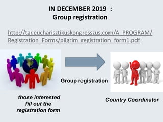 Country Coordinatorthose interested
fill out the
registration form
IN DECEMBER 2019 :
Group registration
Group registration
http://tar.eucharisztikuskongresszus.com/A_PROGRAM/
Registration_Forms/pilgrim_registration_form1.pdf
 