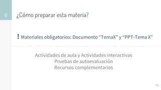 ¿Cómo preparar esta materia?
6
10
! Materiales obligatorios: Documento “TemaX” y “PPT-Tema X”
Actividades de aula y Actividades interactivas
Pruebas de autoevaluación
Recursos complementarios
 