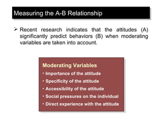 Measuring the A-B RelationshipMeasuring the A-B Relationship
 Recent research indicates that the attitudes (A)
significantly predict behaviors (B) when moderating
variables are taken into account.
Moderating Variables
• Importance of the attitude
• Specificity of the attitude
• Accessibility of the attitude
• Social pressures on the individual
• Direct experience with the attitude
Moderating Variables
• Importance of the attitude
• Specificity of the attitude
• Accessibility of the attitude
• Social pressures on the individual
• Direct experience with the attitude
 