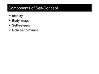 Components of Self-ConceptComponents of Self-Concept
 Identity
 Body image
 Self-esteem
 Role performance
 