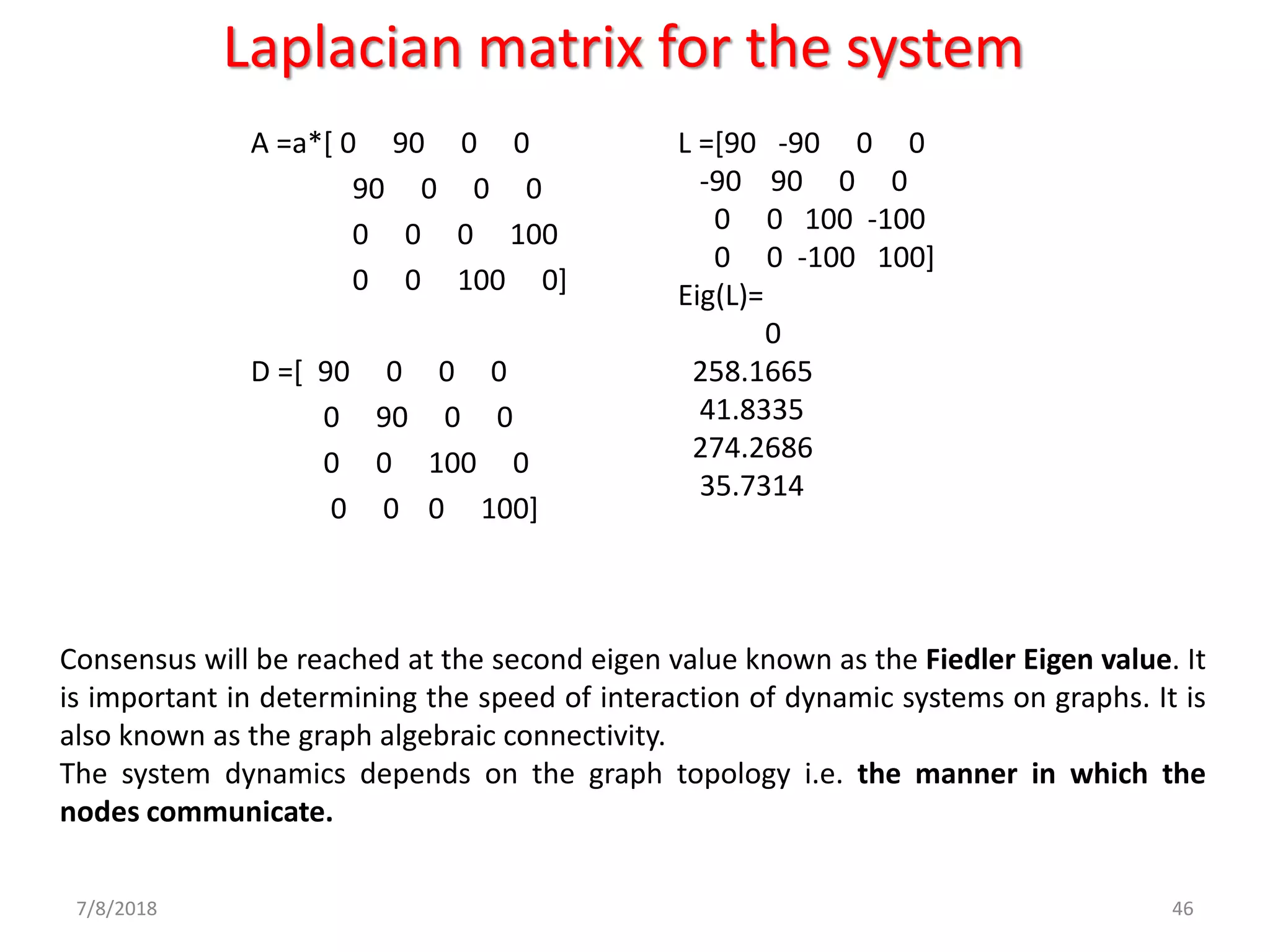Laplacian matrix for the system
A =a*[ 0 90 0 0
90 0 0 0
0 0 0 100
0 0 100 0]
D =[ 90 0 0 0
0 90 0 0
0 0 100 0
0 0 0 100]
7/8/2018 46
L =[90 -90 0 0
-90 90 0 0
0 0 100 -100
0 0 -100 100]
Eig(L)=
0
258.1665
41.8335
274.2686
35.7314
Consensus will be reached at the second eigen value known as the Fiedler Eigen value. It
is important in determining the speed of interaction of dynamic systems on graphs. It is
also known as the graph algebraic connectivity.
The system dynamics depends on the graph topology i.e. the manner in which the
nodes communicate.
 