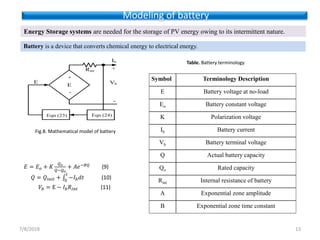 7/8/2018 13
Energy Storage systems are needed for the storage of PV energy owing to its intermittent nature.
Battery is a device that converts chemical energy to electrical energy.
𝐸 = 𝐸 𝑜 + 𝐾
𝑄 𝑜
𝑄−𝑄 𝑜
+ 𝐴𝑒−𝐵𝑄
(9)
𝑄 = 𝑄𝑖𝑛𝑖𝑡 + ‫׬‬0
𝑡
−𝐼 𝑏 𝑑𝑡 (10)
𝑉𝑏 = E − 𝐼 𝑏 𝑅𝑖𝑛𝑡 (11)
Fig.8. Mathematical model of battery
Modeling of battery
+
-
E
E
Eqn (23) Eqn (24)
Rint
+
-
Vb
Ib
Symbol Terminology Description
E Battery voltage at no-load
Eo Battery constant voltage
K Polarization voltage
Ib Battery current
Vb Battery terminal voltage
Q Actual battery capacity
Qo Rated capacity
Rint Internal resistance of battery
A Exponential zone amplitude
B Exponential zone time constant
Table. Battery terminology
 
