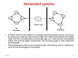 Networked systems
• A leader node can be added to a strongly connected graph and be connected
to atleast one node by unidirectional edge. The nodes connected to the leader
node and the corresponding connecting edge are called pinned (controlled)
nodes and pinning edges respectively. The resulting graph is also called the
pinned graph.
• The pinning gain is zero for an unpinned node. The pinning matrix is defined to
carry all the pinning gains of the graph.
7/8/2018 44
D4
D1 D3
D2
ILC
A2
A1
A4
A3
DC
Microgrid
AC
Microgrid
Leader node
 