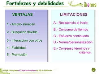 5
VENTAJAS
1.- Amplio almacén
2.- Búsqueda flexible
3.- Interacción con otros
4.- Fiabilidad
5.- Promoción
LIMITACIONES
A....