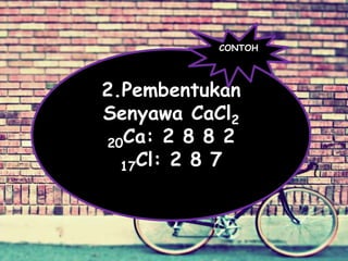 2.Pembentukan
Senyawa CaCl2
20Ca: 2 8 8 2
17Cl: 2 8 7
CONTOH
 
