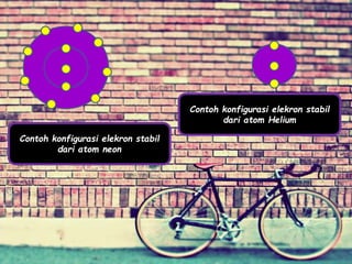 Contoh konfigurasi elekron stabil
dari atom neon
Contoh konfigurasi elekron stabil
dari atom Helium
 