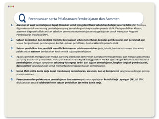 1. Asesmen di awal pembelajaran dapat dilakukan untuk mengidentifikasi kebutuhan belajar peserta didik, dan hasilnya
digunakan untuk merancang pembelajaran yang sesuai dengan tahap capaian peserta didik. Pada pendidikan khusus,
asesmen diagnostik dilaksanakan sebelum perencanaan pembelajaran sebagai rujukan untuk menyusun Program
Pembelajaran Individual (PPI).
2. Satuan pendidikan dan pendidik memiliki keleluasaan untuk menentukan kegiatan pembelajaran dan perangkat ajar
sesuai dengan tujuan pembelajaran, konteks satuan pendidikan, dan karakteristik peserta didik.
3. Satuan pendidikan dan pendidik memiliki keleluasaan untuk menentukan jenis, teknik, bentuk instrumen, dan waktu
pelaksanaan asesmen berdasarkan karakteristik tujuan pembelajaran.
4. Apabila pendidik menggunakan modul ajar yang disediakan pemerintah dan/atau membuat modul ajar merujuk pada modul
ajar yang disediakan pemerintah, maka pendidik tersebut dapat menggunakan modul ajar sebagai dokumen perencanaan
pembelajaran, dengan komponen sekurang-kurangnya terdiri dari tujuan pembelajaran, langkah-langkah pembelajaran,
dan asesmen yang digunakan untuk memantau ketercapaian tujuan pembelajaran.
5. Untuk SMK, mitra dunia kerja dapat mendukung pembelajaran, asesmen, dan uji kompetensi yang selaras dengan prinsip-
prinsip asesmen.
6. Perencanaan dan pelaksanaan pembelajaran dan asesmen pada mata pelajaran Praktik Kerja Lapangan (PKL) di SMK
dilaksanakan secara kolaboratif oleh satuan pendidikan dan mitra dunia kerja.
Perencanaan serta Pelaksanaan Pembelajaran dan Asesmen
 