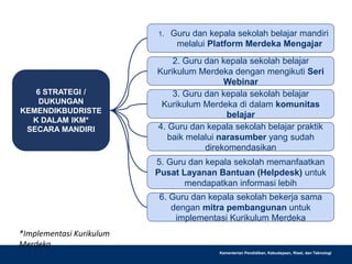 55
Kementerian Pendidikan, Kebudayaan, Riset, dan Teknologi
5. Guru dan kepala sekolah memanfaatkan
Pusat Layanan Bantuan (Helpdesk) untuk
mendapatkan informasi lebih
4. Guru dan kepala sekolah belajar praktik
baik melalui narasumber yang sudah
direkomendasikan
3. Guru dan kepala sekolah belajar
Kurikulum Merdeka di dalam komunitas
belajar
1. Guru dan kepala sekolah belajar mandiri
melalui Platform Merdeka Mengajar
2. Guru dan kepala sekolah belajar
Kurikulum Merdeka dengan mengikuti Seri
Webinar
6 STRATEGI /
DUKUNGAN
KEMENDIKBUDRISTE
K DALAM IKM*
SECARA MANDIRI
6. Guru dan kepala sekolah bekerja sama
dengan mitra pembangunan untuk
implementasi Kurikulum Merdeka
*Implementasi Kurikulum
Merdeka
 