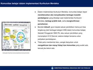 Komunitas belajar dalam implementasi Kurikulum Merdeka
Sumber gambar: https://aisa.or.ke/resources/professional-learning-communities/
● Dalam implementasi Kurikulum Merdeka, komunitas belajar dapat
mendiskusikan dan menyelesaikan berbagai masalah
pembelajaran yang dihadapi saat implementasi Kurikulum
Merdeka, berbagi praktik baik, serta mengkonfirmasi
pemahaman.
● Bersifat inklusif, guru/ kepala satuan pendidikan mana pun bisa
tergabung (dari berbagai kategori IKM) dalam komunitas belajar,
Sekolah Penggerak/ SMK PK, atau satuan pendidikan yang
menerapkan K13/ Darurat, selama belajar bersama untuk
perbaikan pembelajaran.
● Tidak perlu membentuk baru, sangat dianjurkan untuk
mengaktivasi dan meng-’hidup’-kan komunitas yang sudah ada,
kecuali jika belum ada.
 