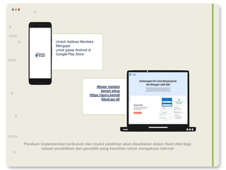 Akses melalui
laman situs
https://guru.kemdi
kbud.go.id/
Unduh Aplikasi Merdeka
Mengajar
untuk gawai Android di
Google Play Store
Panduan implementasi kurikulum dan modul pelatihan akan disediakan dalam flash disk bagi
satuan pendidikan dan pendidik yang kesulitan untuk mengakses internet
 
