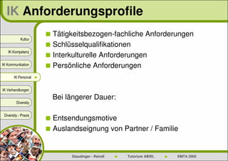 IK Anforderungsprofile
                        Tätigkeitsbezogen-fachliche Anforderungen
            Kultur
                        Schlüsselqualifikationen
   IK Kompetenz
                        Interkulturelle Anforderungen
IK Kommunikation        Persönliche Anforderungen
        IK Personal ►


IK Verhandlungen
                        Bei längerer Dauer:
         Diversity



                        Entsendungsmotive
 Diversity - Praxis


                        Auslandseignung von Partner / Familie


                             Staudinger - Reindl   Tutorium ABWL   EMTA 2005
 