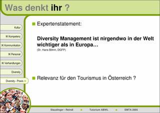 Was denkt ihr ?
                          Expertenstatement:
           Kultur


   IK Kompetenz
                          Diversity Management ist nirgendwo in der Welt
IK Kommunikation          wichtiger als in Europa…
                          (Dr. Hans Böhm, DGFP)
     IK Personal


IK Verhandlungen


        Diversity


   Diversity - Praxis ►
                          Relevanz für den Tourismus in Österreich ?




                                   Staudinger - Reindl   Tutorium ABWL   EMTA 2005
 