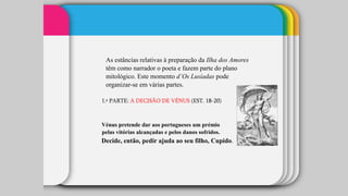 As estâncias relativas à preparação da Ilha dos Amores
têm como narrador o poeta e fazem parte do plano
mitológico. Este momento d’Os Lusíadas pode
organizar-se em várias partes.
1.ª PARTE: A DECISÃO DE VÉNUS (EST. 18-20)
Vénus pretende dar aos portugueses um prémio
pelas vitórias alcançadas e pelos danos sofridos.
Decide, então, pedir ajuda ao seu filho, Cupido.
 