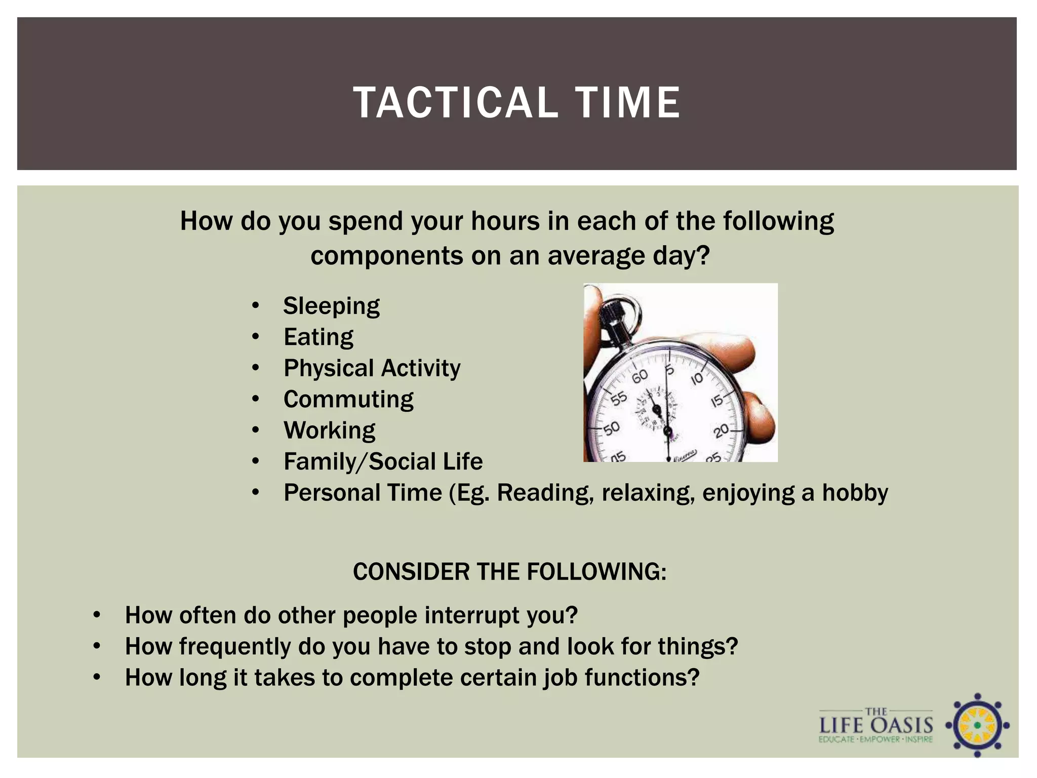 TACTICAL TIME
How do you spend your hours in each of the following
components on an average day?
• Sleeping
• Eating
• Physical Activity
• Commuting
• Working
• Family/Social Life
• Personal Time (Eg. Reading, relaxing, enjoying a hobby
• How often do other people interrupt you?
• How frequently do you have to stop and look for things?
• How long it takes to complete certain job functions?
CONSIDER THE FOLLOWING:
 