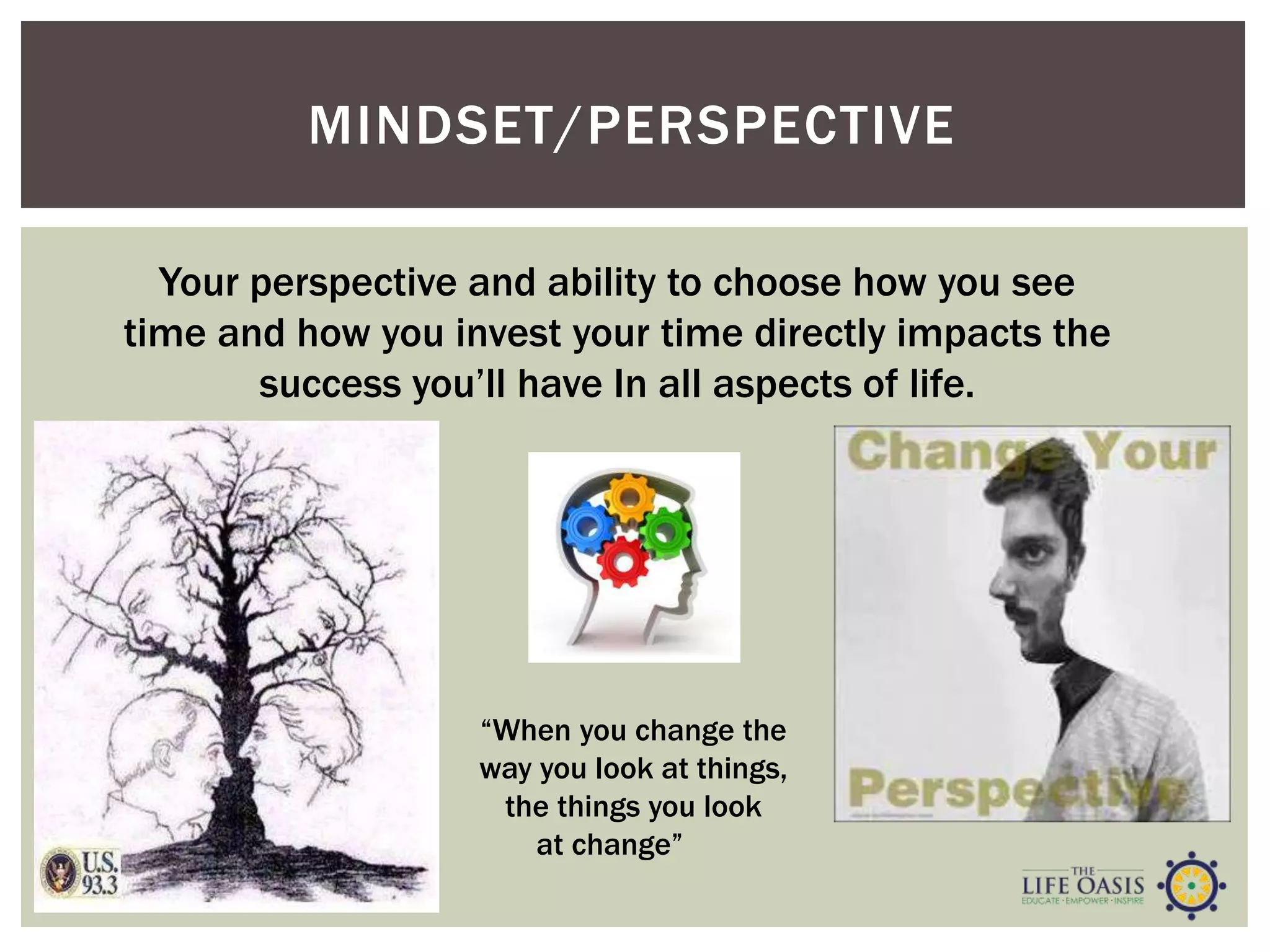MINDSET/PERSPECTIVE
Your perspective and ability to choose how you see
time and how you invest your time directly impacts the
success you’ll have In all aspects of life.
“When you change the
way you look at things,
the things you look
at change”
 