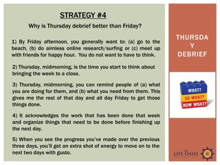 THURSDA
Y
DEBRIEF
STRATEGY #4
4) It acknowledges the work that has been done that week
and organize things that need to be done before finishing up
the next day.
Why is Thursday debrief better than Friday?
1) By Friday afternoon, you generally want to: (a) go to the
beach, (b) do aimless online research/surfing or (c) meet up
with friends for happy hour. You do not want to have to think.
2) Thursday, midmorning, is the time you start to think about
bringing the week to a close.
3) Thursday, midmorning, you can remind people of (a) what
you are doing for them, and (b) what you need from them. This
gives me the rest of that day and all day Friday to get those
things done.
5) When you see the progress you’ve made over the previous
three days, you’ll get an extra shot of energy to move on to the
next two days with gusto.
 