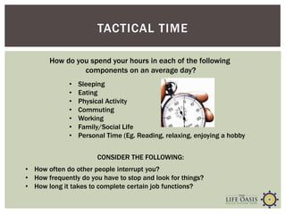 TACTICAL TIME
How do you spend your hours in each of the following
components on an average day?
• Sleeping
• Eating
• Physical Activity
• Commuting
• Working
• Family/Social Life
• Personal Time (Eg. Reading, relaxing, enjoying a hobby
• How often do other people interrupt you?
• How frequently do you have to stop and look for things?
• How long it takes to complete certain job functions?
CONSIDER THE FOLLOWING:
 