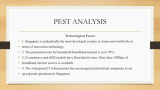 PEST ANALYSIS
Technological Factor
• 1. Singapore is undoubtedly the most developed country in Asian and worldwide in
• terms of innovative technology.
• 2. The penetration rate for household broadband internet is over 70%.
• 3. E-commerce and eB2Cmodels have flourished in turn. More than 10Mbps of
• broadband internet service is available.
• 4. The widespread IT infrastructure has encouraged multinational companies to set
• up regional operations in Singapore.
 