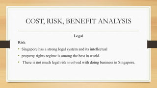 COST, RISK, BENEFIT ANALYSIS
Legal
Risk
• Singapore has a strong legal system and its intellectual
• property rights regime is among the best in world.
• There is not much legal risk involved with doing business in Singapore.
 