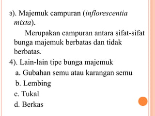 3). Majemuk campuran (inflorescentia
mixta).
Merupakan campuran antara sifat-sifat
bunga majemuk berbatas dan tidak
berbatas.
4). Lain-lain tipe bunga majemuk
a. Gubahan semu atau karangan semu
b. Lembing
c. Tukal
d. Berkas
 