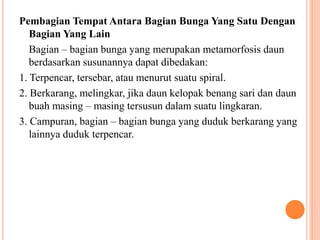 Pembagian Tempat Antara Bagian Bunga Yang Satu Dengan
Bagian Yang Lain
Bagian – bagian bunga yang merupakan metamorfosis daun
berdasarkan susunannya dapat dibedakan:
1. Terpencar, tersebar, atau menurut suatu spiral.
2. Berkarang, melingkar, jika daun kelopak benang sari dan daun
buah masing – masing tersusun dalam suatu lingkaran.
3. Campuran, bagian – bagian bunga yang duduk berkarang yang
lainnya duduk terpencar.
 