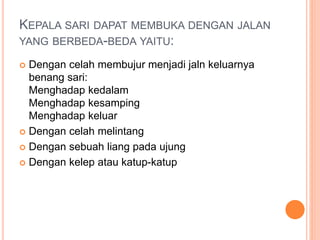 KEPALA SARI DAPAT MEMBUKA DENGAN JALAN
YANG BERBEDA-BEDA YAITU:
 Dengan celah membujur menjadi jaln keluarnya
benang sari:
Menghadap kedalam
Menghadap kesamping
Menghadap keluar
 Dengan celah melintang
 Dengan sebuah liang pada ujung
 Dengan kelep atau katup-katup
 