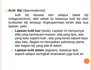  Kulit Biji (Spermodermis)
kulit biji berasal dari selaput bakal biji
(integumentum), oleh sebab itu biasanya kulit biji (dari
tumbuhan biji tertutup/ Angiospermae) terdiri atas dua
lapisan, yaitu :
1. Lapisan kulit luar (testa). Lapisan ini mempunyai
sifat yang bermacam-macam, ada yang tipis, ada
yang kaku seperti kulit , ada yang keras seperti kayu
atau batu. Bagian ini merupakan pelindung utama
dari bagian biji yang ada di dalam.
2. Lapisan kulit dalam (tegmen), biasanya tipis
seperti selaput seringkali dinamakan juga kulit ari.
 