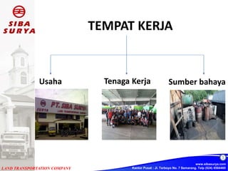 Kantor Pusat : Jl. Terboyo No. 7 Semarang. Telp (024) 6584460
3
www.sibasurya.com
LAND TRANSPORTATION COMPANY
Sumber bahay...