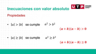 Inecuaciones con valor absoluto
Propiedades
• 𝑎 > 𝑏 se cumple 𝑎2
> 𝑏2
𝒂 + 𝒃 𝒂 − 𝒃 > 𝟎
• 𝑎 ≥ 𝑏 se cumple 𝑎2 ≥ 𝑏2
𝒂 + 𝒃 𝒂 − 𝒃 ≥ 𝟎
 