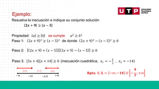 Ejemplo:
Resuelva la inecuación e indique su conjunto solución
𝟐𝒙 + 𝟗 ≥ 𝒙 − 𝟓
Propiedad: 𝑎 ≥ 𝑏 se cumple 𝑎2 ≥ 𝑏2
Paso 1: 2𝑥 + 9 2 ≥ 𝑥 − 5 2 de donde 2𝑥 + 9 2 − 𝑥 − 5 2 ≥ 0
Paso 2: 2𝑥 + 9 + 𝑥 − 5 2𝑥 + 9 − 𝑥 − 5 ≥ 0
1
Paso 3: 3𝑥 + 4 𝑥 + 14 ≥ 0 (inecuación cuadrática, 𝑥 = − 4
3 2
, 𝑥 = −14)
𝟒
𝐑𝐩𝐭𝐚: 𝐂. 𝐒. = −∞;−𝟏𝟒 𝖴 −
𝟑
; +∞
 