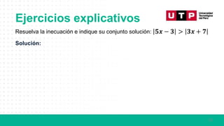 15
Resuelva la inecuación e indique su conjunto solución: 𝟓𝒙 − 𝟑 > 𝟑𝒙 + 𝟕
Solución:
Ejercicios explicativos
 
