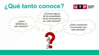 ¿Cómo
identificas al
valor absoluto?
¿Conoces alguna
de las propiedades
de las inecuaciones
con valor absoluto?
¿Cómo resolvemos
una ecuación con
valor absoluto?
¿Qué tanto conoce?
 