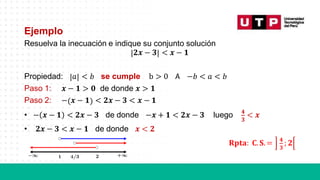Ejemplo
Resuelva la inecuación e indique su conjunto solución
𝟐𝒙 − 𝟑 < 𝒙 − 𝟏
Propiedad: 𝑎 < 𝑏 se cumple b > 0 𝖠 −𝑏 < 𝑎 < 𝑏
Paso 1: 𝒙 − 𝟏 > 𝟎 de donde 𝒙 > 𝟏
Paso 2: − 𝒙 − 𝟏 < 𝟐𝒙 − 𝟑 < 𝒙 − 𝟏
𝟑
• − 𝒙 − 𝟏 < 𝟐𝒙 − 𝟑 de donde −𝒙 + 𝟏 < 𝟐𝒙 − 𝟑 luego 𝟒
< 𝒙
• 𝟐𝒙 − 𝟑 < 𝒙 − 𝟏 de donde 𝒙 < 𝟐
𝐑𝐩𝐭𝐚: 𝐂.𝐒. =
𝟑
𝟒
; 𝟐
 