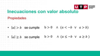 b > 0 ∧ 𝑎 < −𝑏 ∨ 𝑎 > 𝑏
Propiedades
• 𝑎 > 𝑏 se cumple
• 𝑎 ≥ 𝑏 se cumple b > 0 ∧ 𝑎 ≤ −𝑏 ∨ 𝑎 ≥ 𝑏
Inecuaciones con valor absoluto
 