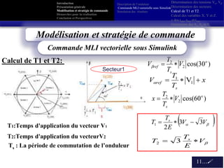 11…
Description de l’onduleur
Commande MLI vectorielle sous Simulink
Simulation des résultats
Ts : La période de commutation de l’onduleur
T1:Temps d'application du vecteur V1
  VV
E
T
T s
33
2
1 
V
E
T
T s
 32
)30cos(2
2 o
s
ref V
T
T
V 
x
T
T
V
s
ref  1
1
V
0
3

 1S 2
3 3
 
 2S2
3

  3S 4
3

  4S4 5
3 3
 
 5S6S
)60cos(2
2 o
s
V
T
T
x 
Calcul de T1 et T2:
Secteur1
Modélisation et stratégie de commande
Commande MLI vectorielle sous Simulink
Introduction
Présentation générale
Modélisation et stratégie de commande
Démarches pour la réalisation
Conclusion et Perspectives
T2:Temps d'application du vecteurV2
Détermination des tensions Vα, Vβ.
Détermination des secteurs.
Calcul de T1 et T2.
Calcul des variables X, Y et Z.
v des taon, tbon et tcon.
Génération des Sa, Sb et Sc
 