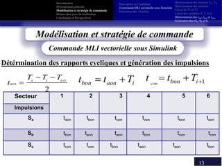 13
Description de l’onduleur
Commande MLI vectorielle sous Simulink
Simulation des résultats
2
1

 iis
aon
TTT
t iaonbon Ttt  1 ibon Ttt con
Secteur 1 2 3 4 5 6
Impulsions
Sa taon tbon tcon tcon tbon taon
Sb tbon taon taon tbon tcon tcon
Sc tcon tcon tbon taon taon tbon
Détérmination des rapports cycliques et génération des impulsions
Modélisation et stratégie de commande
Commande MLI vectorielle sous Simulink
Introduction
Présentation générale
Modélisation et stratégie de commande
Démarches pour la réalisation
Conclusion et Perspectives
Détermination des tensions Vα, Vβ.
Détermination des secteurs.
Calcul de T1 et T2
Calcul des variables X, Y et Z.
Détérmination des taon, tbon et tcon.
Génération des sSa, Sb et Sc
 